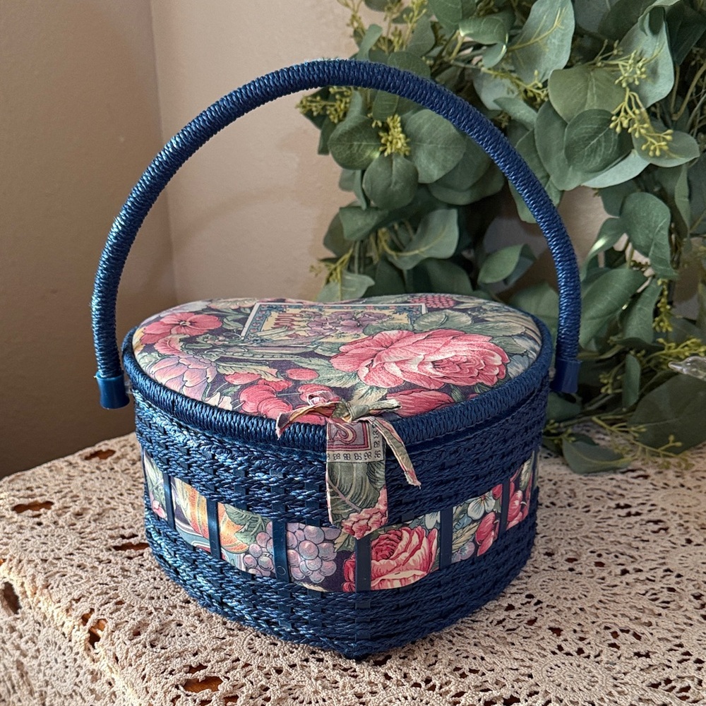 Vintage Heart-Shaped Floral Woven Basket for sewing